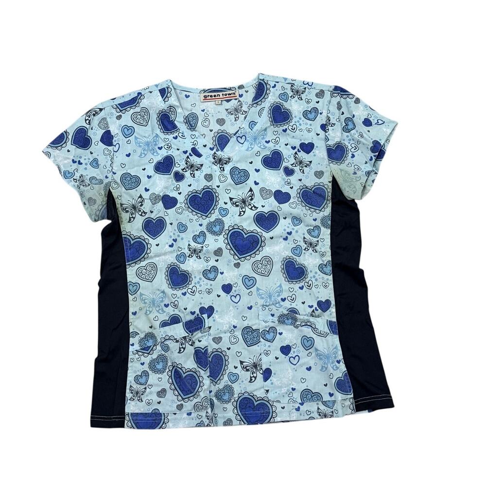 Green Town Womens Small S Light Blue Hearts Butterflies Scrub Top Shirt